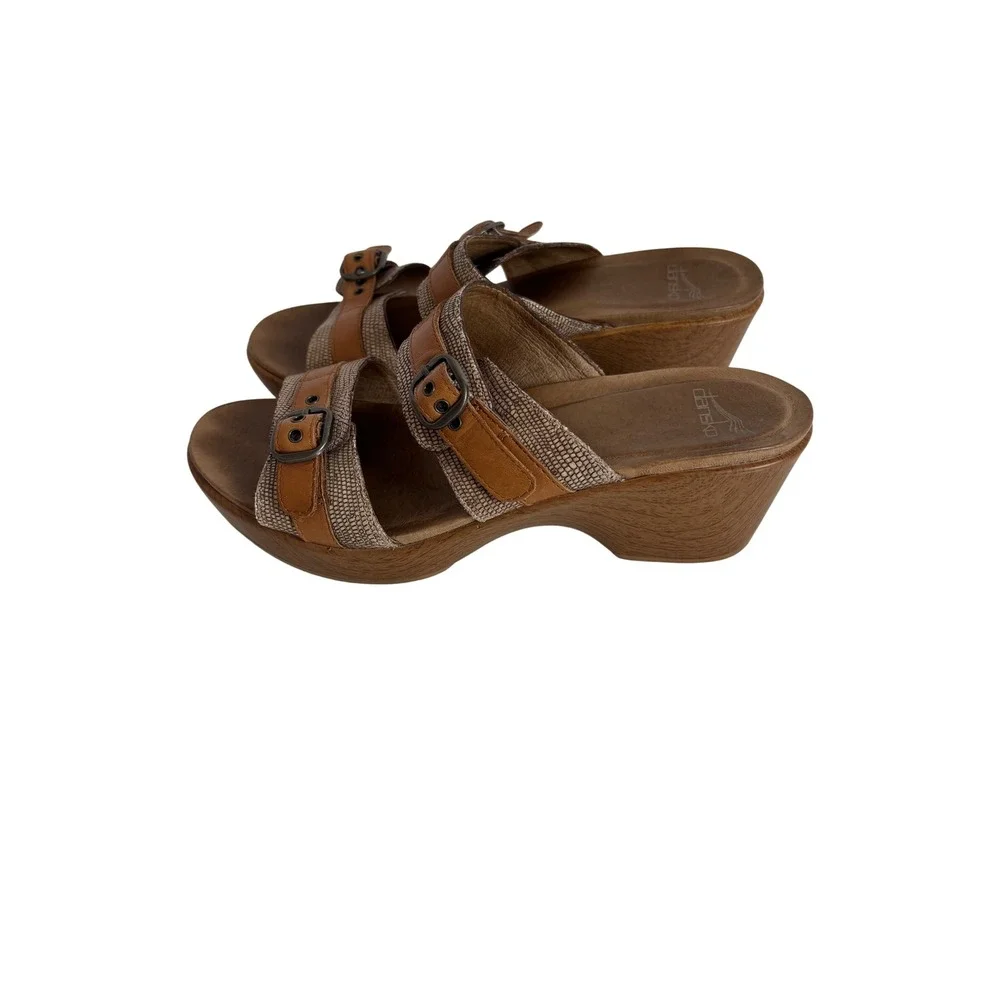 Dansko Women 39 Brown Snake Print Leather Buckle Platform Wedge Slide Sandals